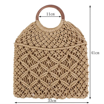Boho Chic Macrame Tote Bag - Cotton Rope Sheer Net Design, Wooden Ring Handle, Handwoven Retro Fashion Accessory, Versatile Summer Carryall